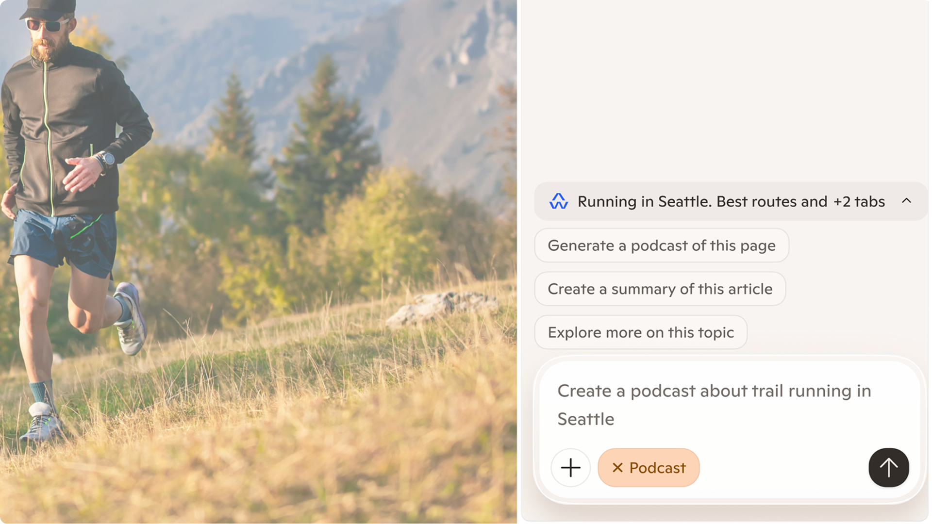 Copilot chat in Edge, with the message: Create a podcast about trail running in Seattle.