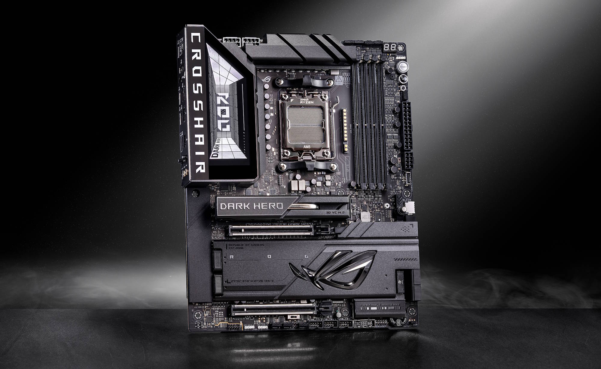 A full view of the ROG Crosshair X870E Dark Hero gaming motherboard