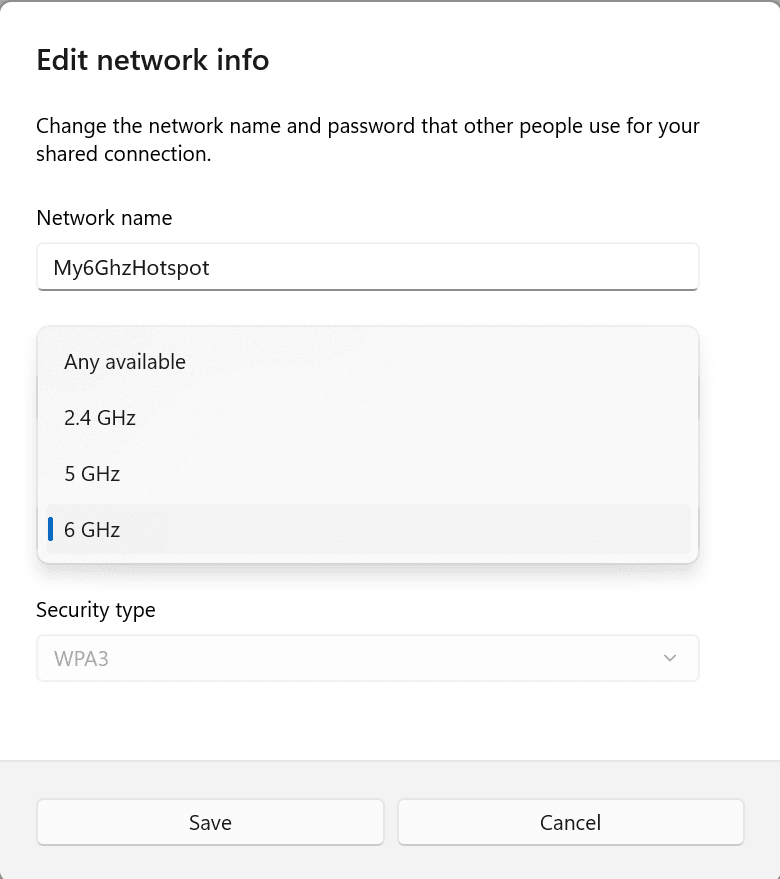 6 GHz showing under mobile hotspot properties in Settings on PCs that have the right hardware and drivers.