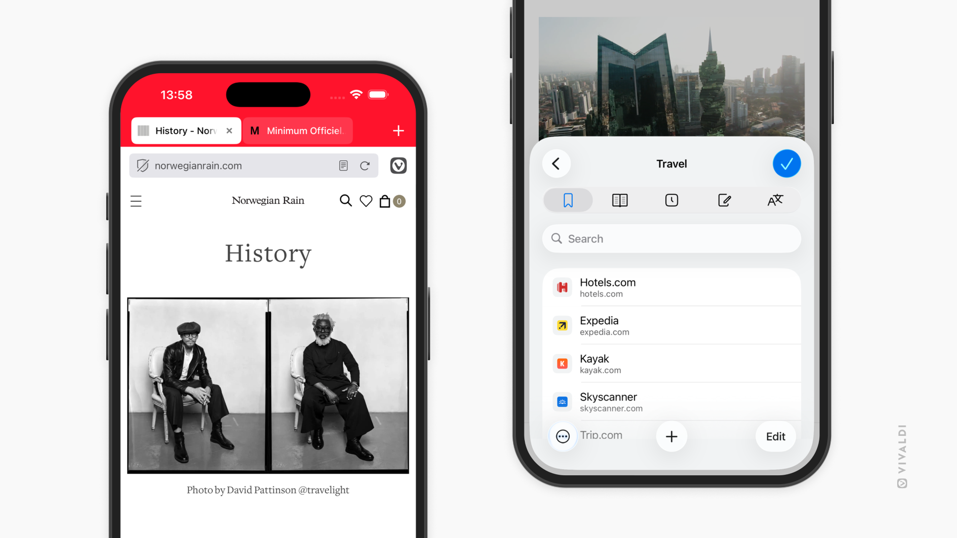 Two phones with Vivaldi on iOS side by side. The one on the left has a website open called Norwegian Rain, showing two pictures of men sitting on chairs. The phone on the right shows the Bookmark category Travel, which includes sites such as Hotels.com, Expedia, Kayak and Skyscanner.