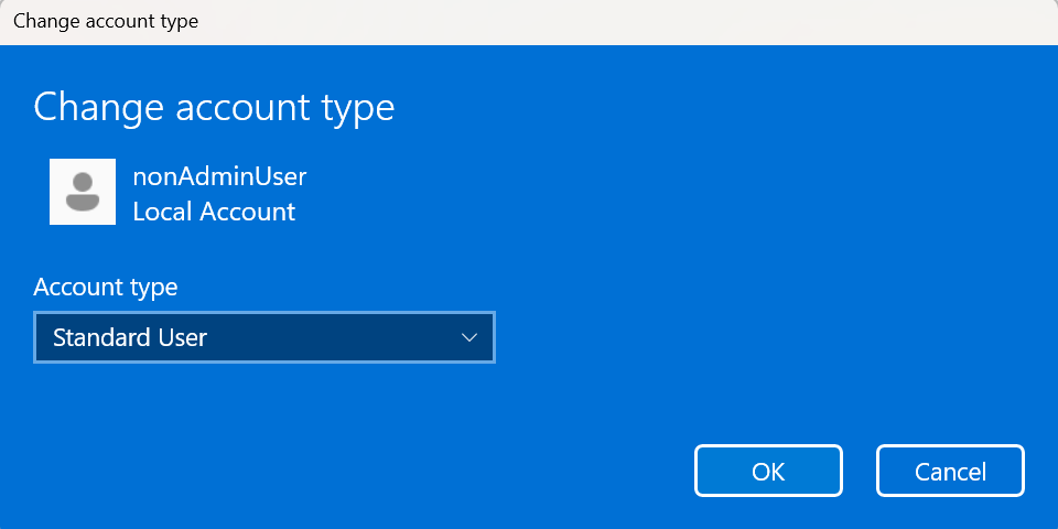 Old 'Change account type' dialog user experience for other users present on the device.