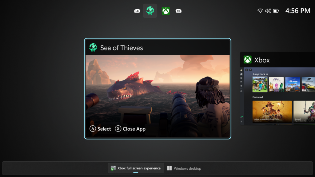UI showing the Task View in Xbox full screen experience on PC. 