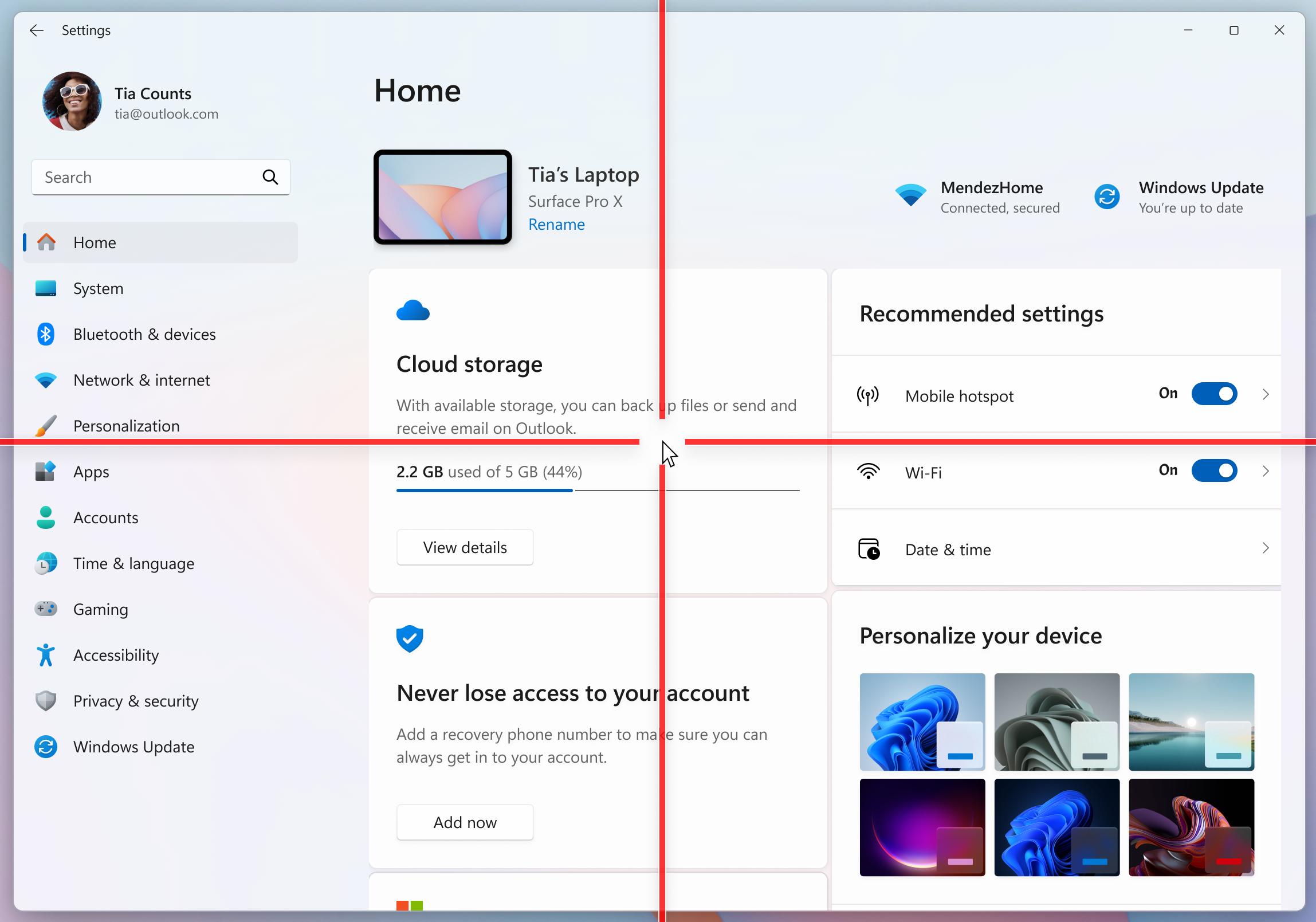 Mouse pointer indicator shown over Settings in Windows 11. 