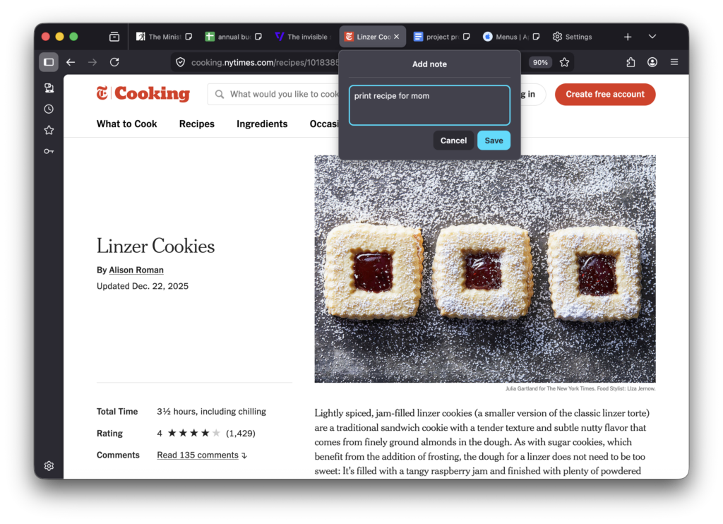Firefox tab note popup on a Linzer Cookies recipe page with the typed note “print recipe for mom.”
