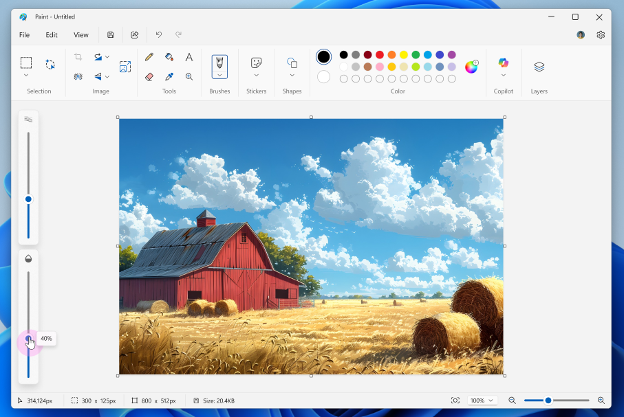 Paint app screenshot of barn with opacity adjusting to 40%. Paint app screenshot of barn with opacity adjusting to 40%.