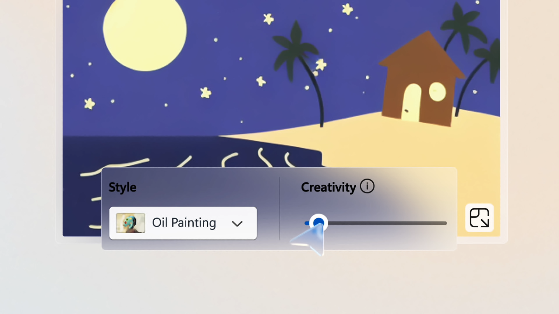 A digital interface shows a beach scene at night with a full moon, stars, palm trees, and a hut. Below, a menu displays Style: Oil Painting and a Creativity slider set to the middle position.
