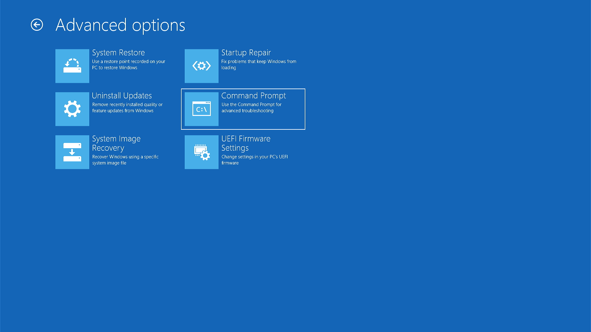 Screenshot of Windows advanced boot options, Command prompt option is selected