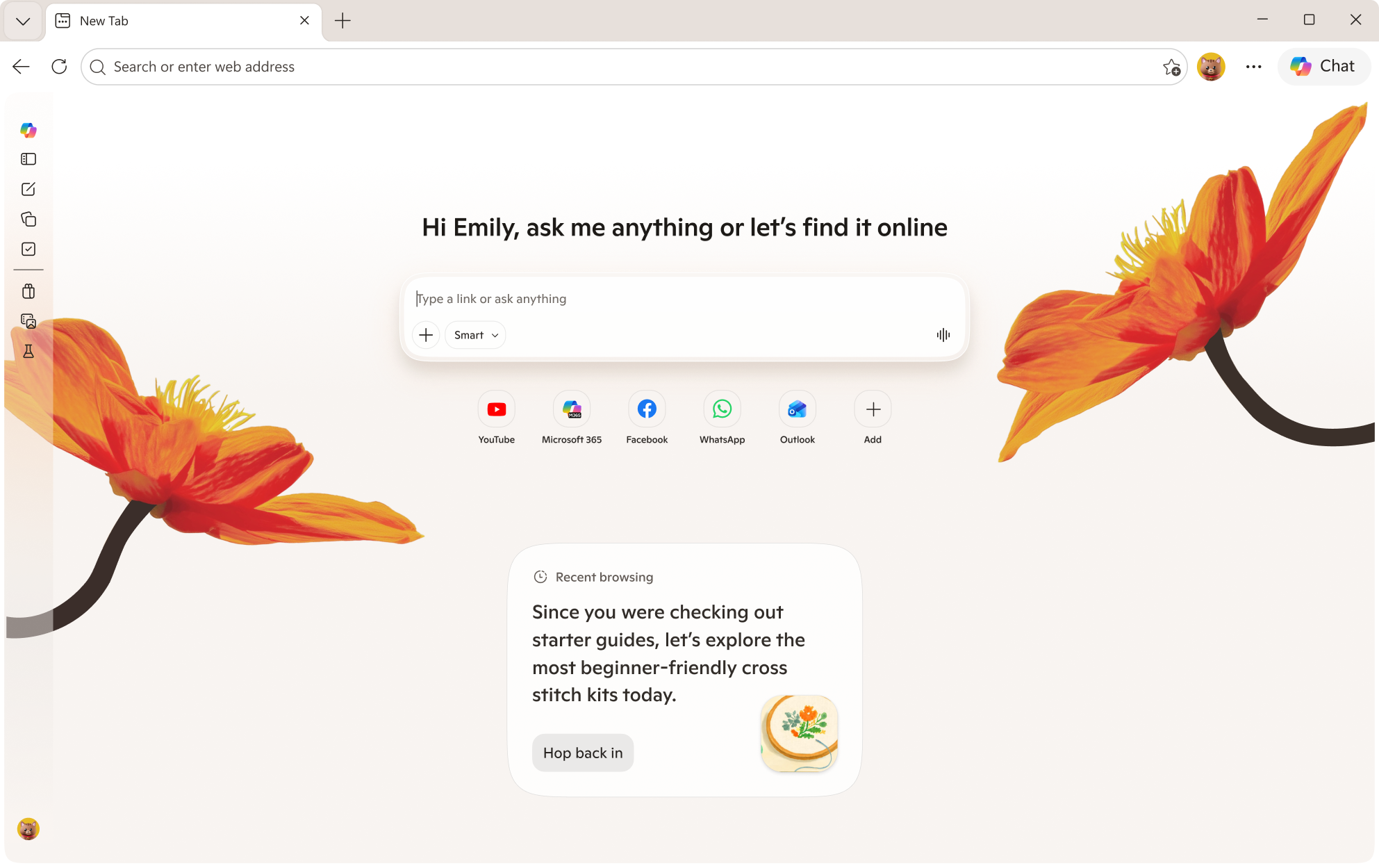 Edge on desktop new tab page, showing Copilot and Recent browsing.
