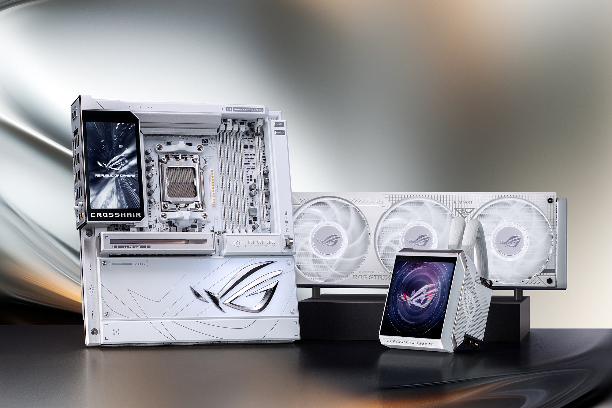 The ROG Crosshair X870E Glacial motherboard on a table with the ROG Strix LC IV AIO CPU liquid cooler in white
