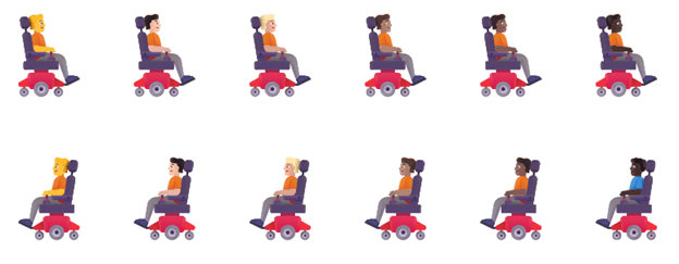Example of new directionality updates for person/man/woman in manual wheelchair and motorized wheelchair emoji with right facing or the original left facing orientation.