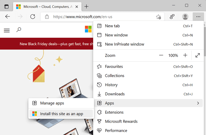 The ... menu in Microsoft Edge expanded to show Apps, Install this site as an app.