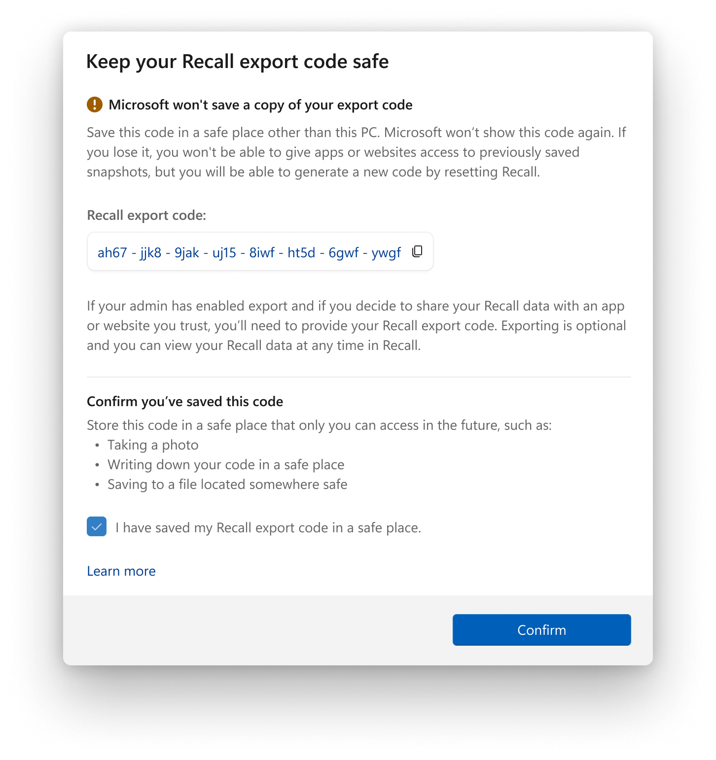 Recall export code screen.