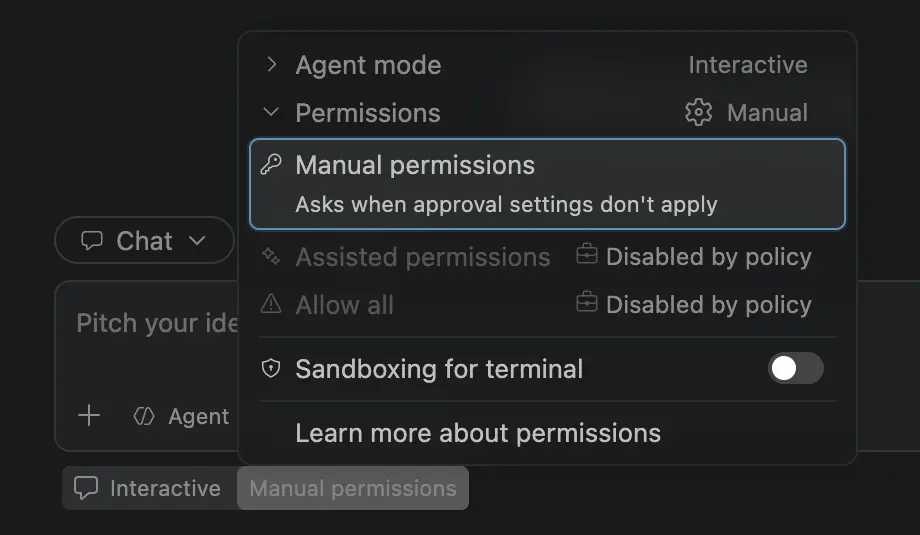 Screenshot showing Assisted permissions and Allow All disabled by organization policy.