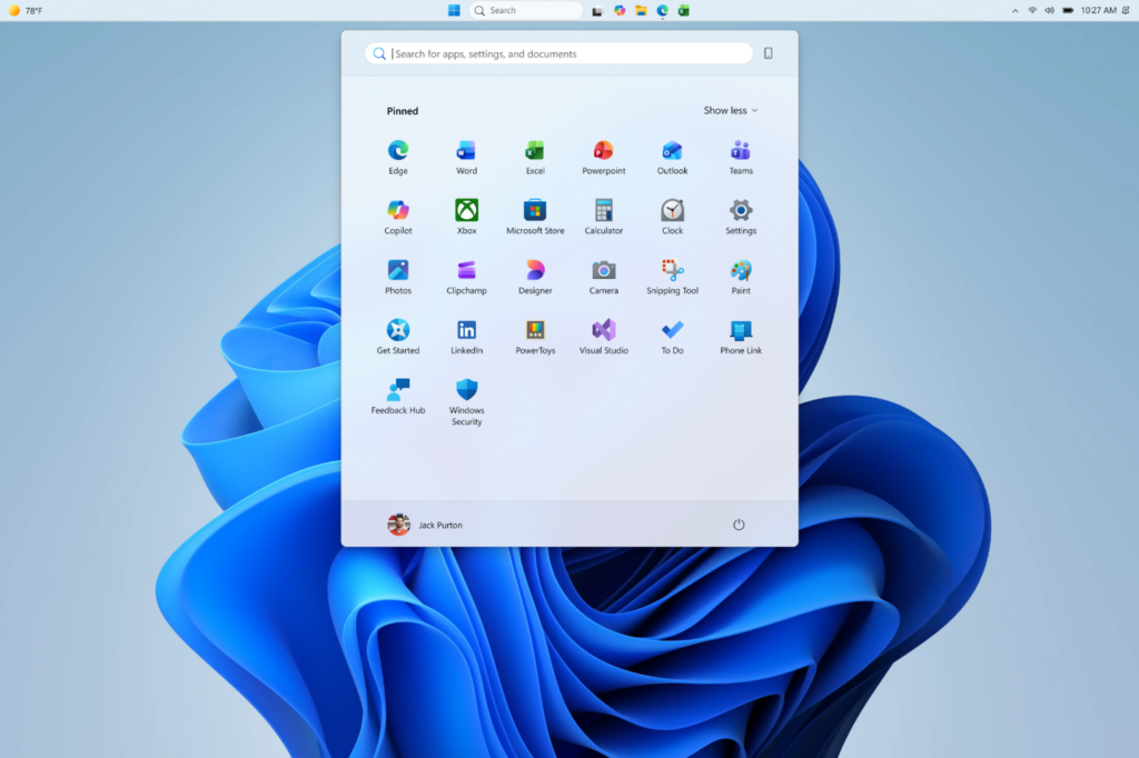 Screenshot showing top-aligned small taskbar with Start in a minimal pins only configuration.