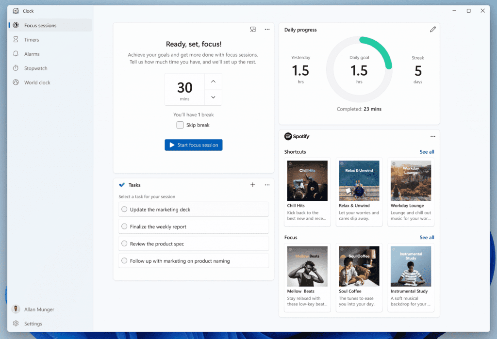 Focus Sessions in the new Clock app for Windows 11.