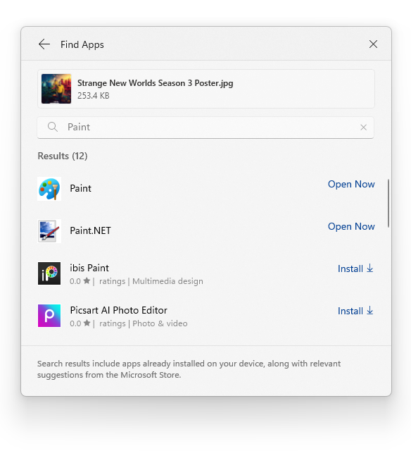 Results shown for searching for Paint directly within the Windows search window using “Find Apps”.
