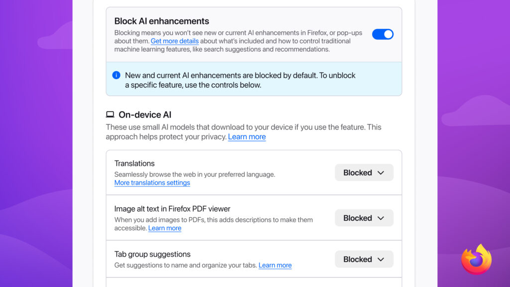 Stylized Firefox AI controls interface highlighting the option to block AI enhancements with dropdown controls for AI features. Stylized Firefox AI controls interface highlighting the option to block AI enhancements with dropdown controls for AI features.