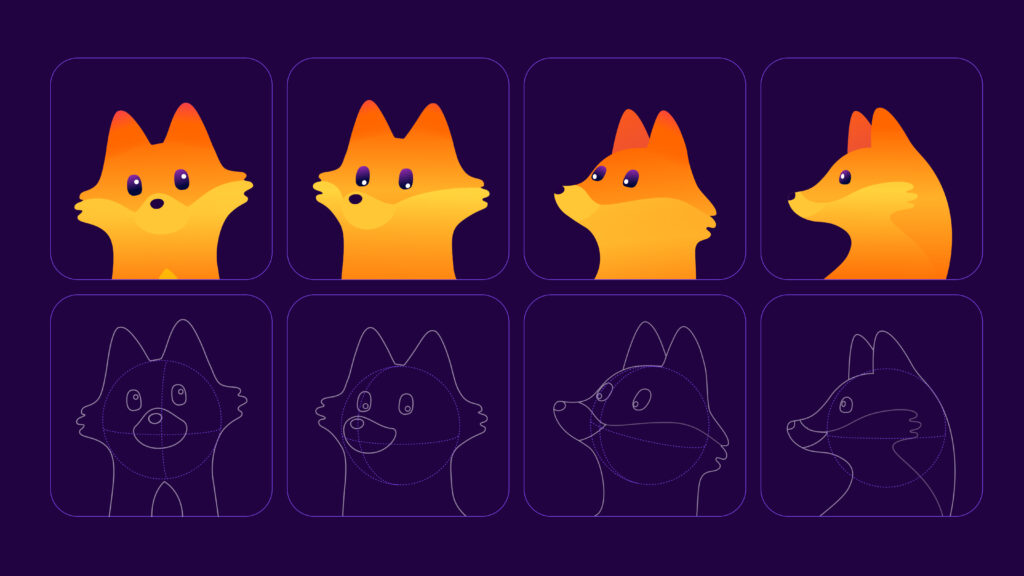 Firefox mascot facial expressions and construction sketches showing front and side views on a dark purple background Firefox mascot facial expressions and construction sketches showing front and side views on a dark purple background