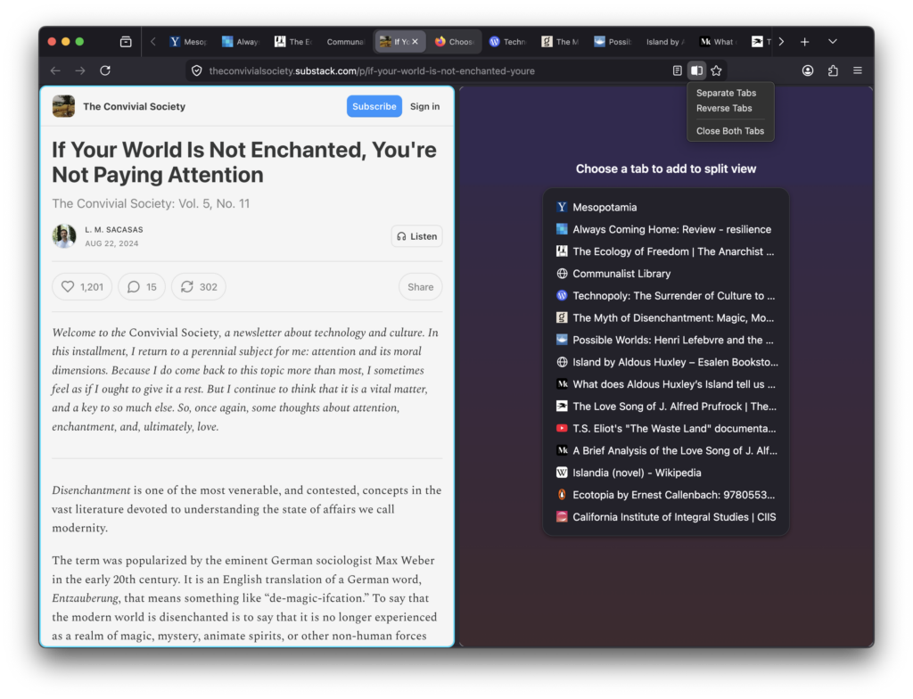 Firefox split view feature showing two tabs side by side with tab selection menu in dark mode Firefox split view feature showing two tabs side by side with tab selection menu in dark mode