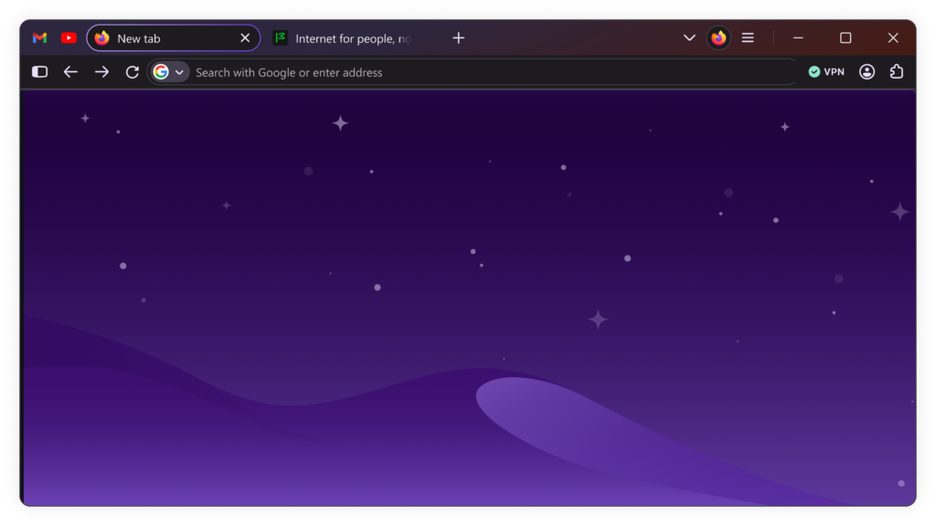 Firefox browser new tab with purple starry theme and VPN enabled Firefox browser new tab with purple starry theme and VPN enabled