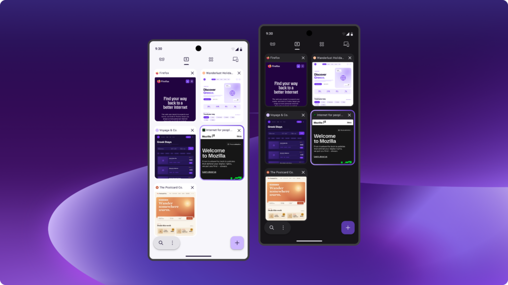 Firefox mobile tab overview in light and dark mode on two phones with travel and Mozilla tabs Firefox mobile tab overview in light and dark mode on two phones with travel and Mozilla tabs