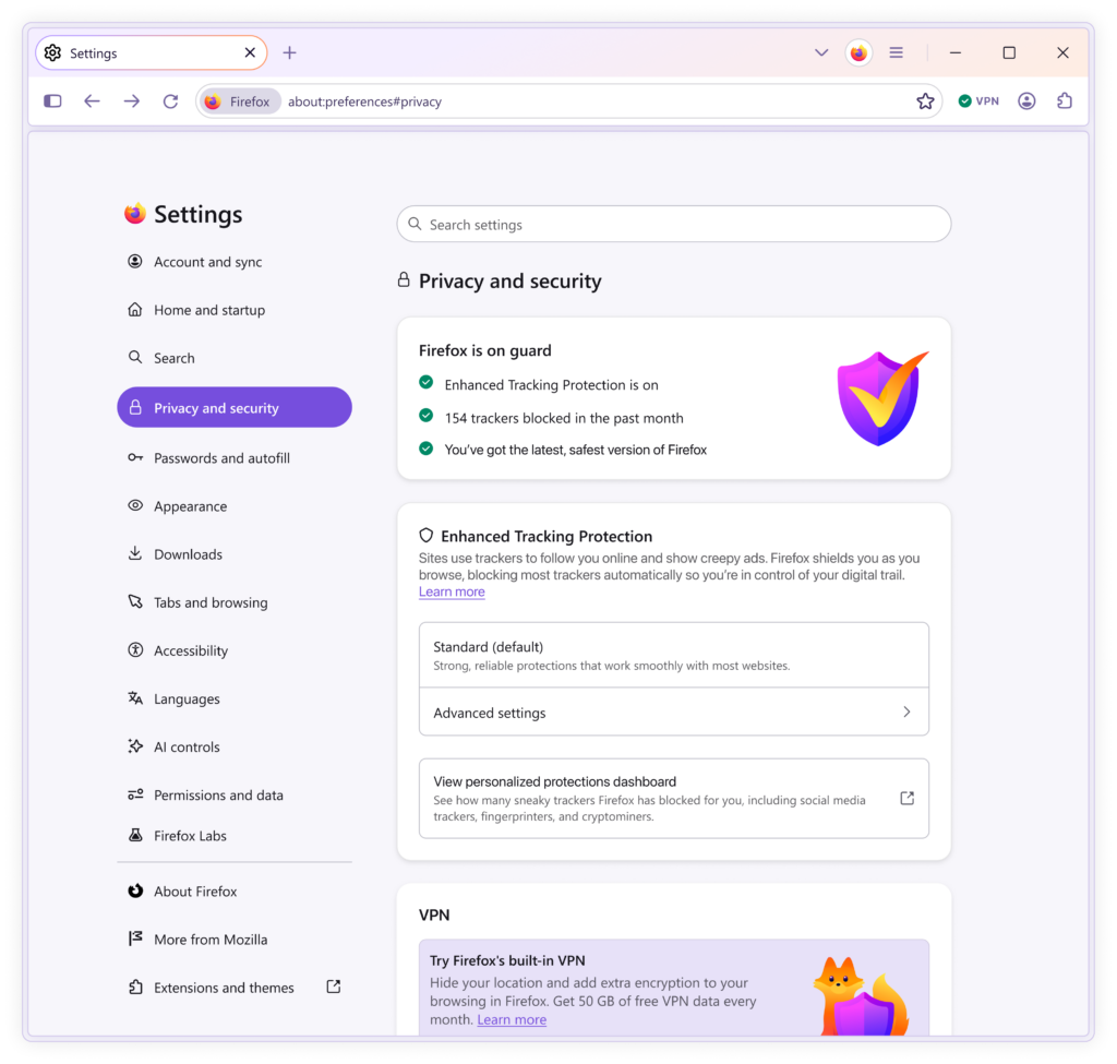 Firefox privacy and security settings showing Enhanced Tracking Protection and VPN options Firefox privacy and security settings showing Enhanced Tracking Protection and VPN options