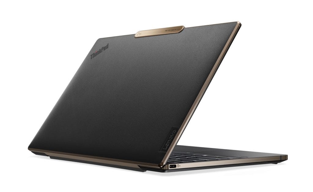 Lenovo laptop open and facing away from reader Lenovo laptop open and facing away from reader
