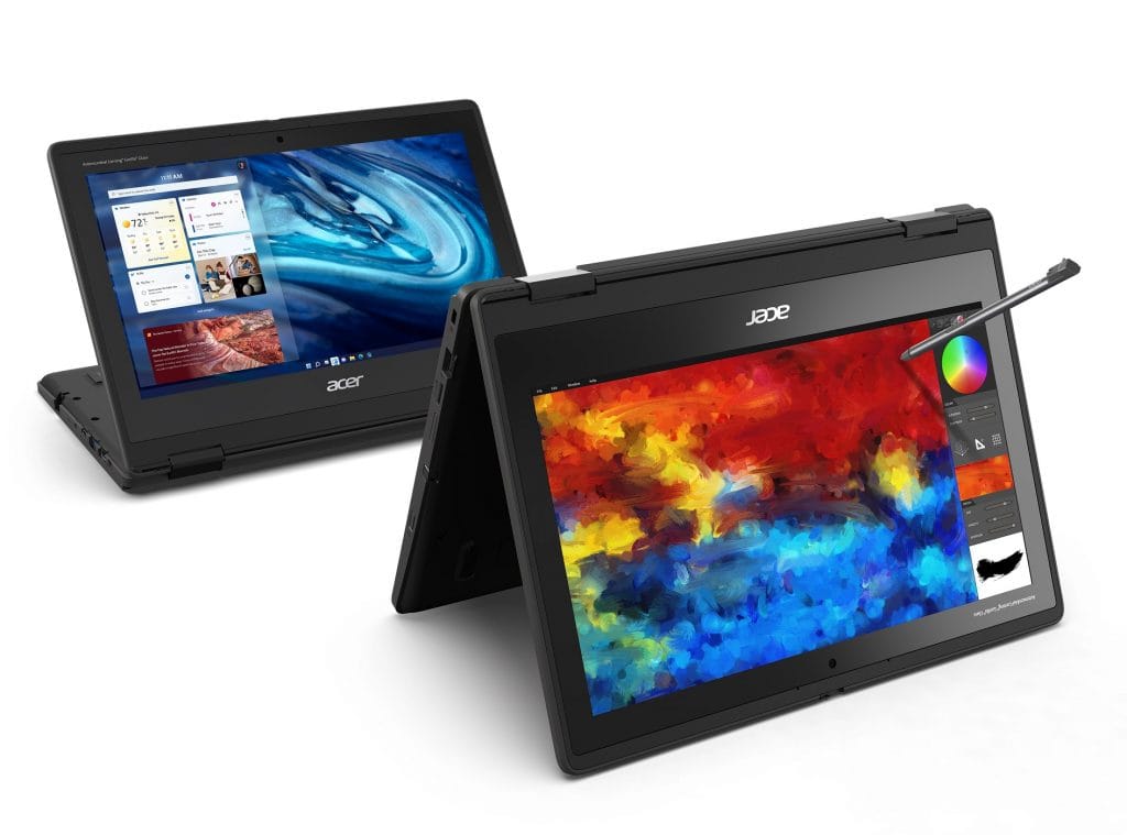 Acer TravelMate Spin B3 open and in tent mode in front of same device propped up in tablet mode Acer TravelMate Spin B3 open and in tent mode in front of same device propped up in tablet mode