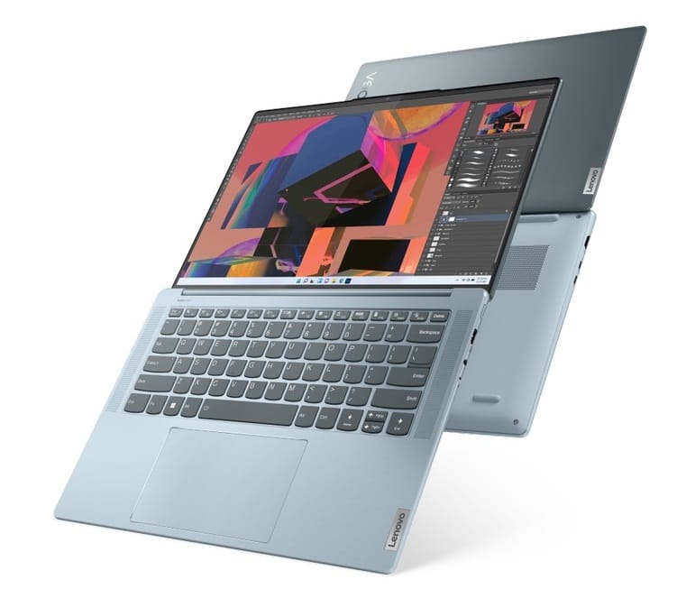 Lenovo Yoga Slim 7i Pro X PCs open and flat back to back Lenovo Yoga Slim 7i Pro X PCs open and flat back to back