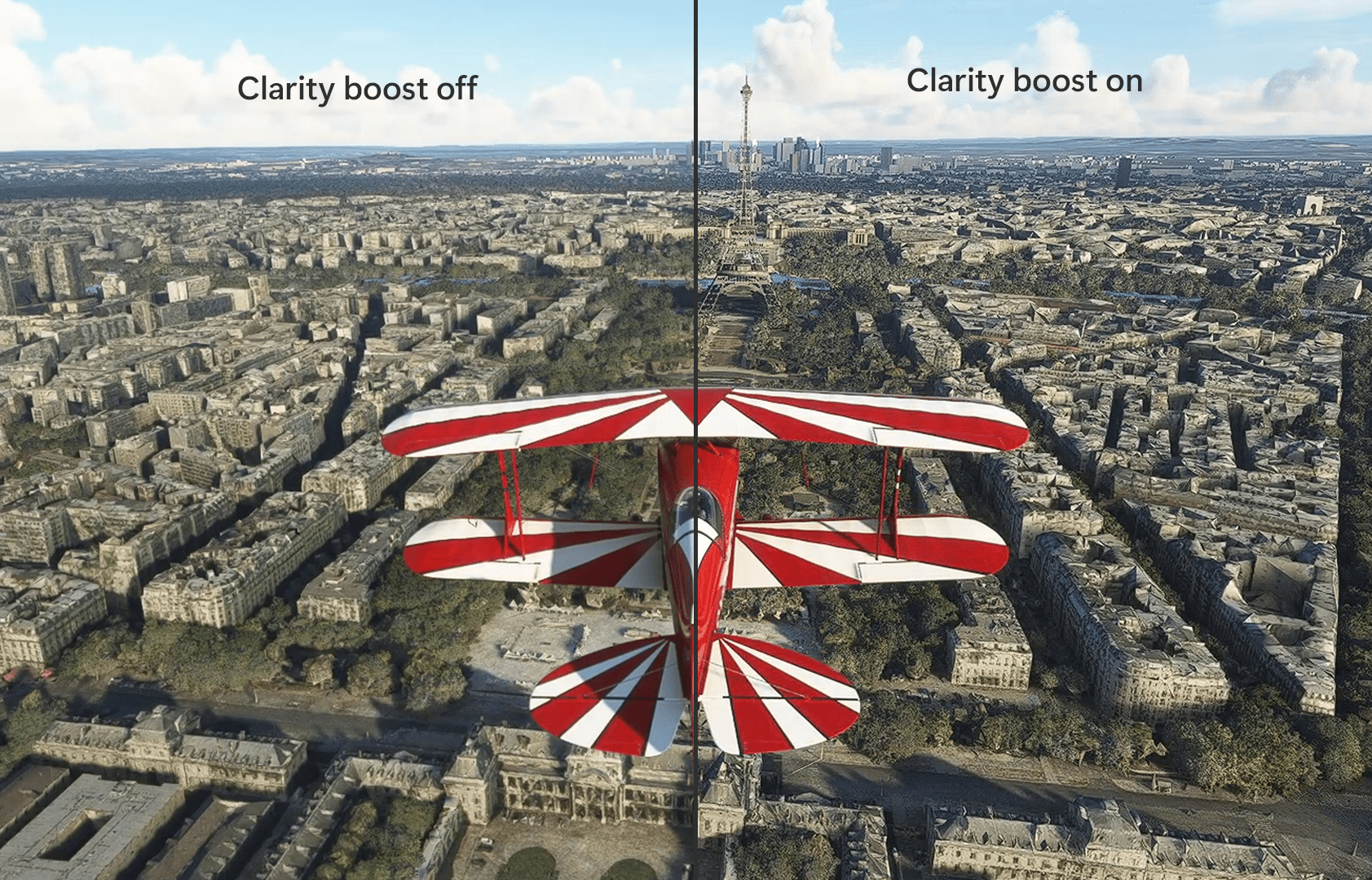 Split screen showing a biplane flying over Paris, with the right side of the screen showing the effect of Clarity Boost