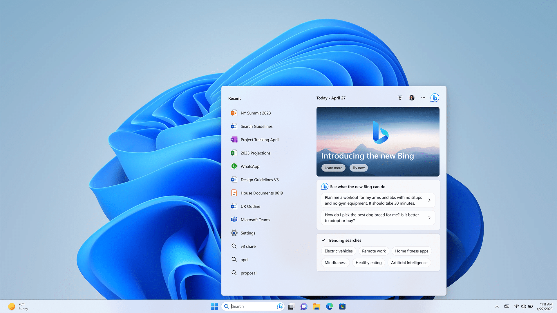 Windows 11 Start screen with new Bing module displayed