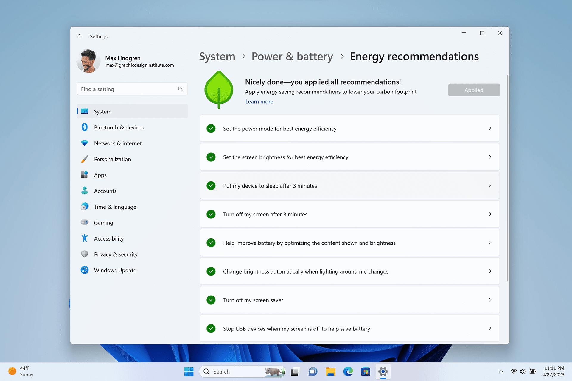 New energy recommendations experience in Windows 11
