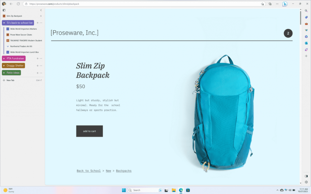 Vertical tab in Microsoft Edge for a slim backpack