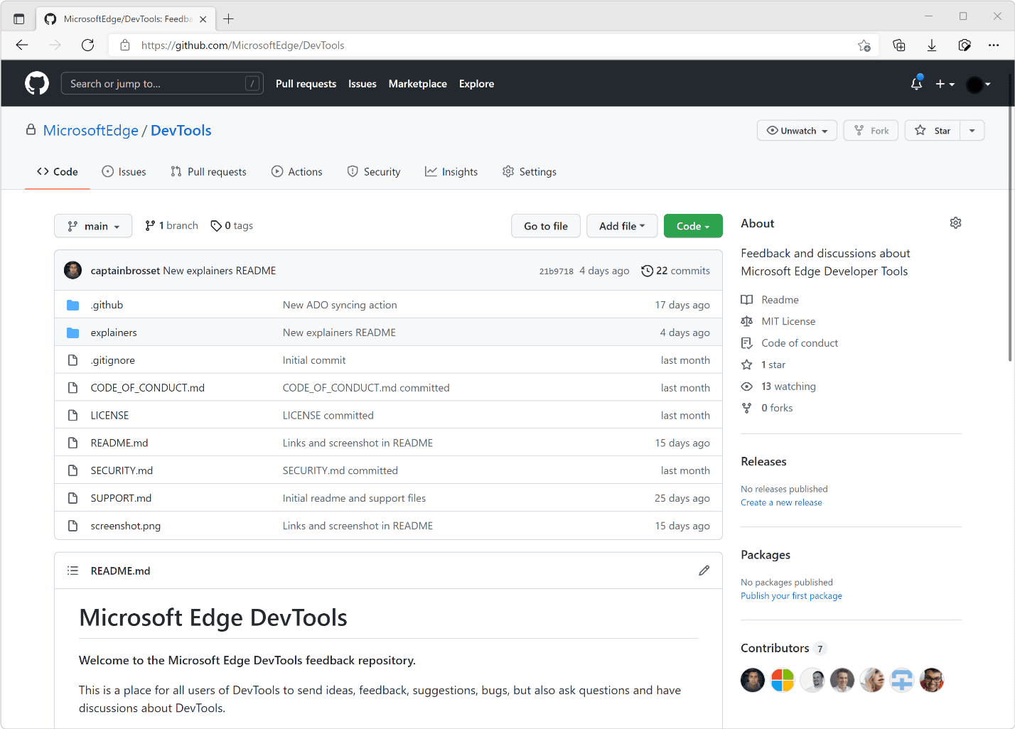 Edge DevTools repository on GitHub