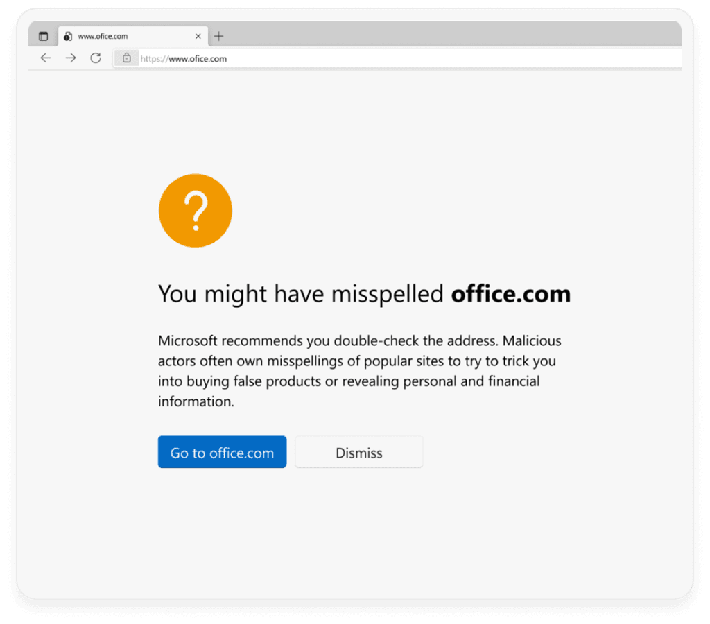 A Microsoft Edge browser window navigating to ofice.com, incorrectly spelled with one f. The page content is an interstitial warning page with the header text You might have misspelled office.com and buttons to Go to office.com or Dismiss.