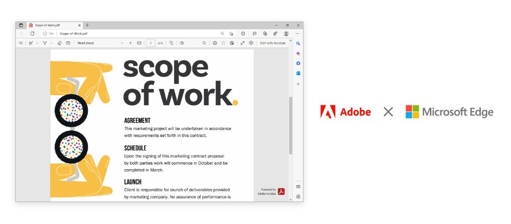 Microsoft Edge displaying a PDF which is Powered by Adobe Acrobat. Next to the image are the Adobe and Microsoft Edge logos.