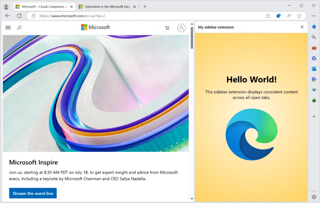 Screen capture showing a Hello world sample sidebar extension running alongside a browser tab in Microsoft Edge. Screen capture showing a Hello world sample sidebar extension running alongside a browser tab in Microsoft Edge.