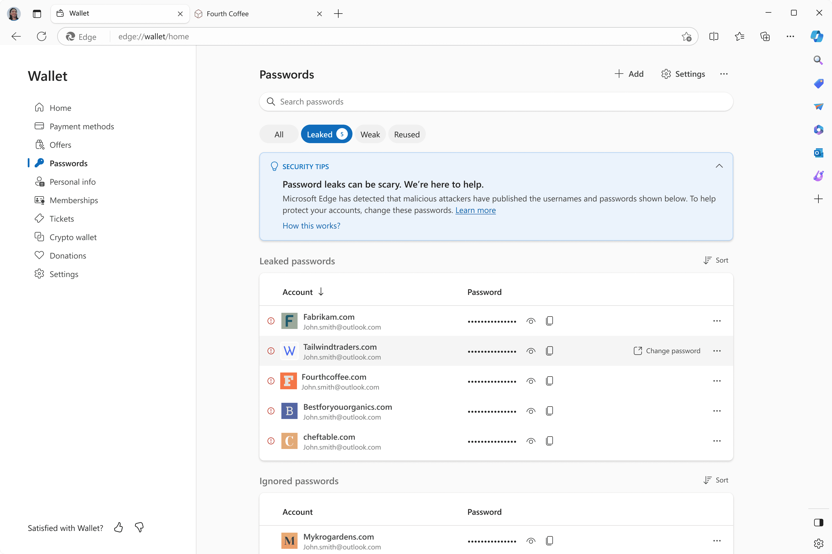 The Passwords settings page in Edge wallet, showing a list of leaked passwords