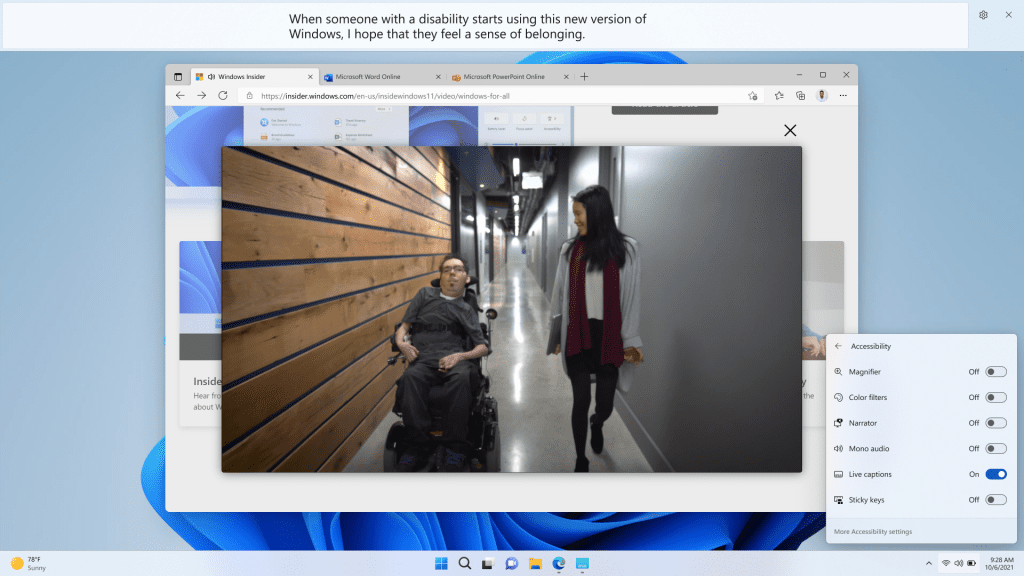 Live captions (launched from Quick Settings Accessibility flyout) generating captions for a video playing in the web browser. Live captions (launched from Quick Settings Accessibility flyout) generating captions for a video playing in the web browser.