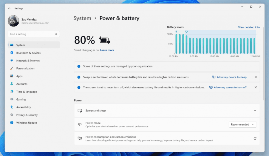 Power saving recommendations shown in Settings to help reduce carbon emissions to those with Sleep and Screen off set to Never. Power saving recommendations shown in Settings to help reduce carbon emissions to those with Sleep and Screen off set to Never.