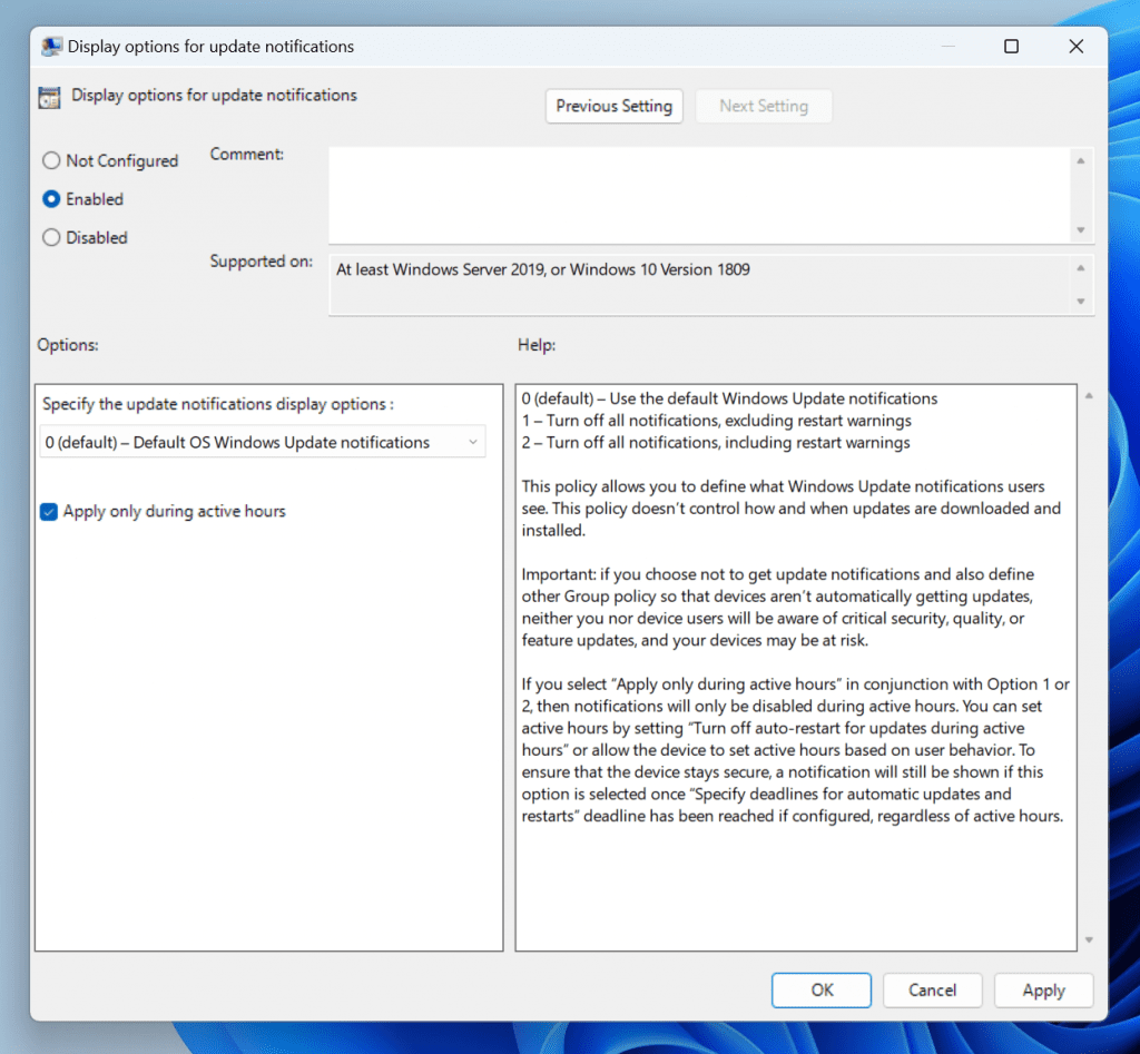 The new group policy for managing Windows Update notifications as shown in the group policy editor. The new group policy for managing Windows Update notifications as shown in the group policy editor.