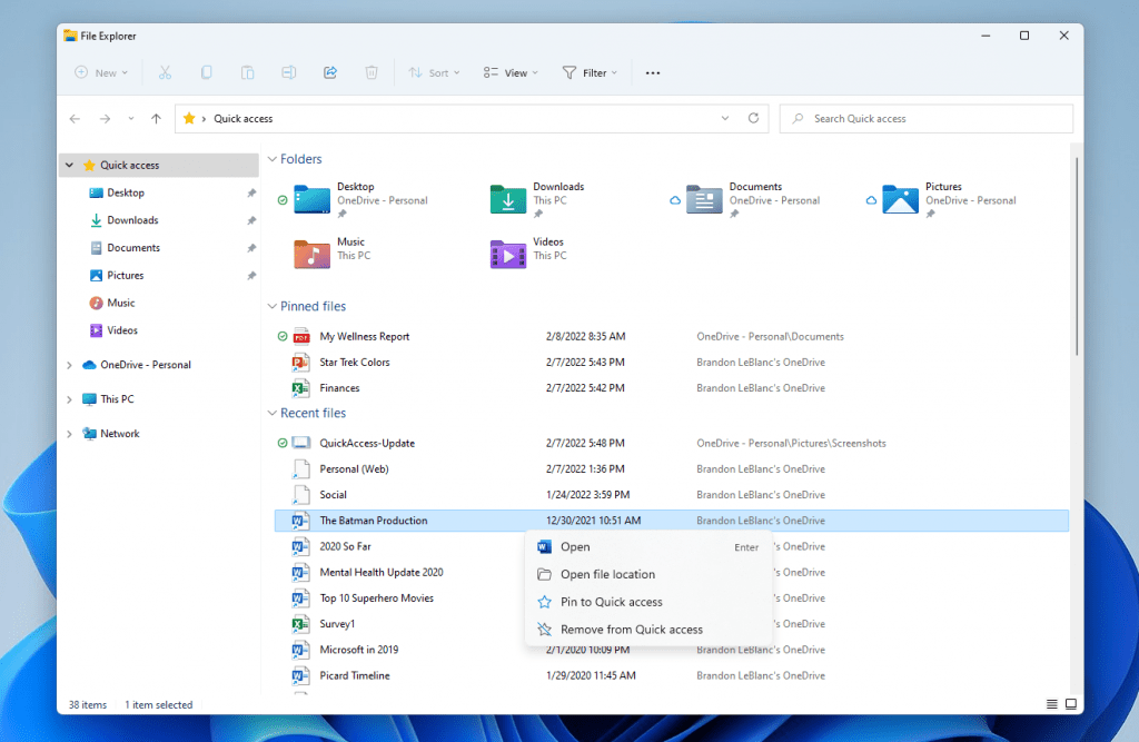 Quick Access in File Explorer now supports pinning files and will show files hosted in OneDrive, SharePoint, and Teams.