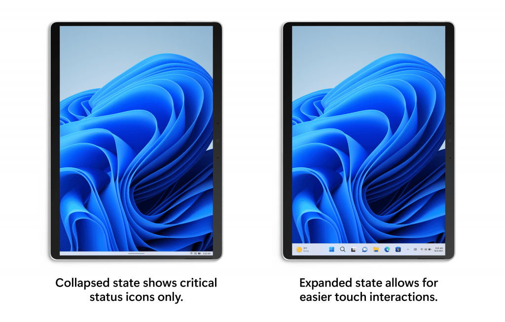 Tablet-optimized taskbar in both collapsed and expanded states. Tablet-optimized taskbar in both collapsed and expanded states.