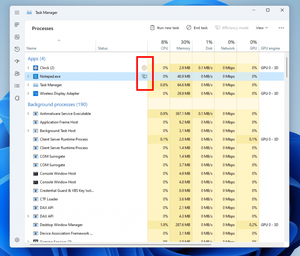 The new Suspended and Efficiency mode icons as they appear in Task Manager.