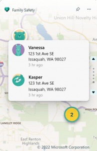 View of location sharing in the Family Safety widget. View of location sharing in the Family Safety widget.