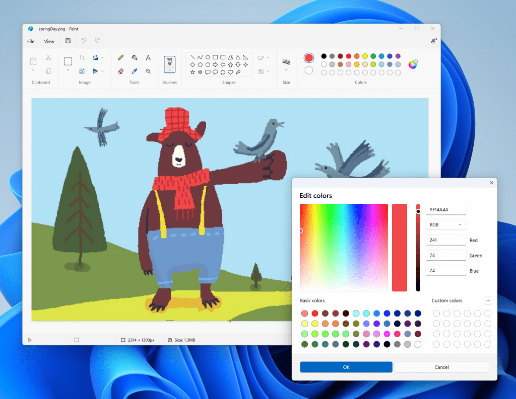The redesigned Paint app for Windows 11 with new edit colors dialog.