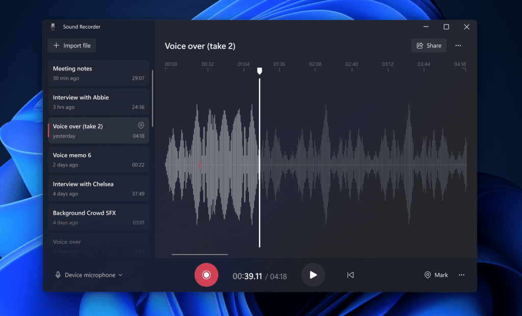 The redesigned Sound Recorder app in dark theme for Windows 11. The redesigned Sound Recorder app in dark theme for Windows 11.