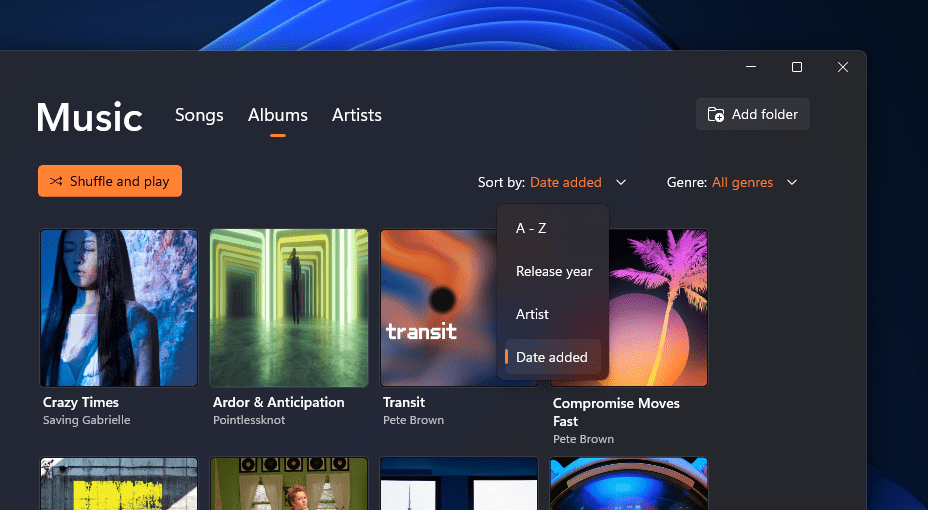 The albums page in Media Player sorted by the new date added sort option. The albums page in Media Player sorted by the new date added sort option.