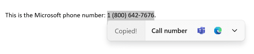Inline suggested actions after copying a phone number.