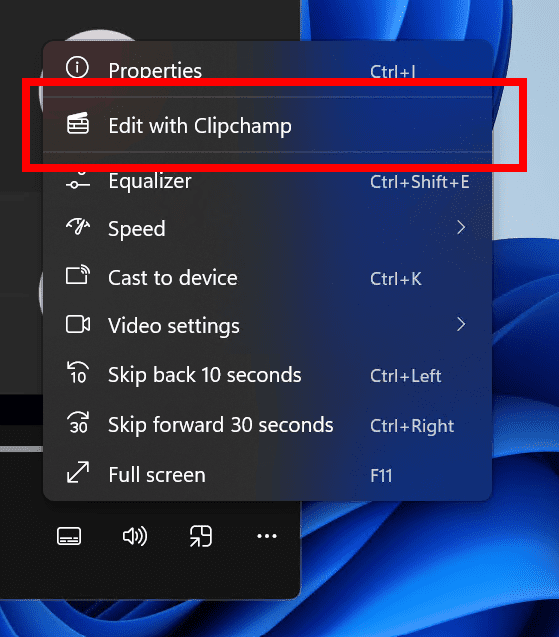 The “Edit with Clipchamp” option under the more options (…) button in Media Player. The “Edit with Clipchamp” option under the more options (…) button in Media Player.